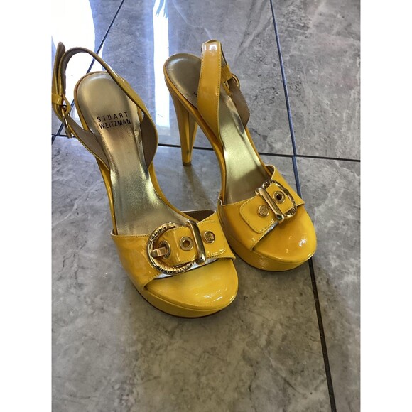 Stuart Weitzman Shoes Womens Size 7 Yellow Patent Slingback Platform Peep Toe - Picture 1 of 8